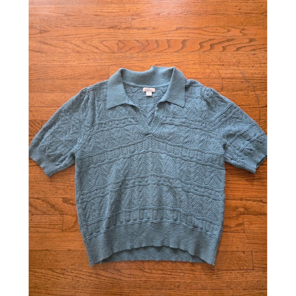 Sundance Womens Teal Short Sleeve Collared Knit Top Size Petite Large